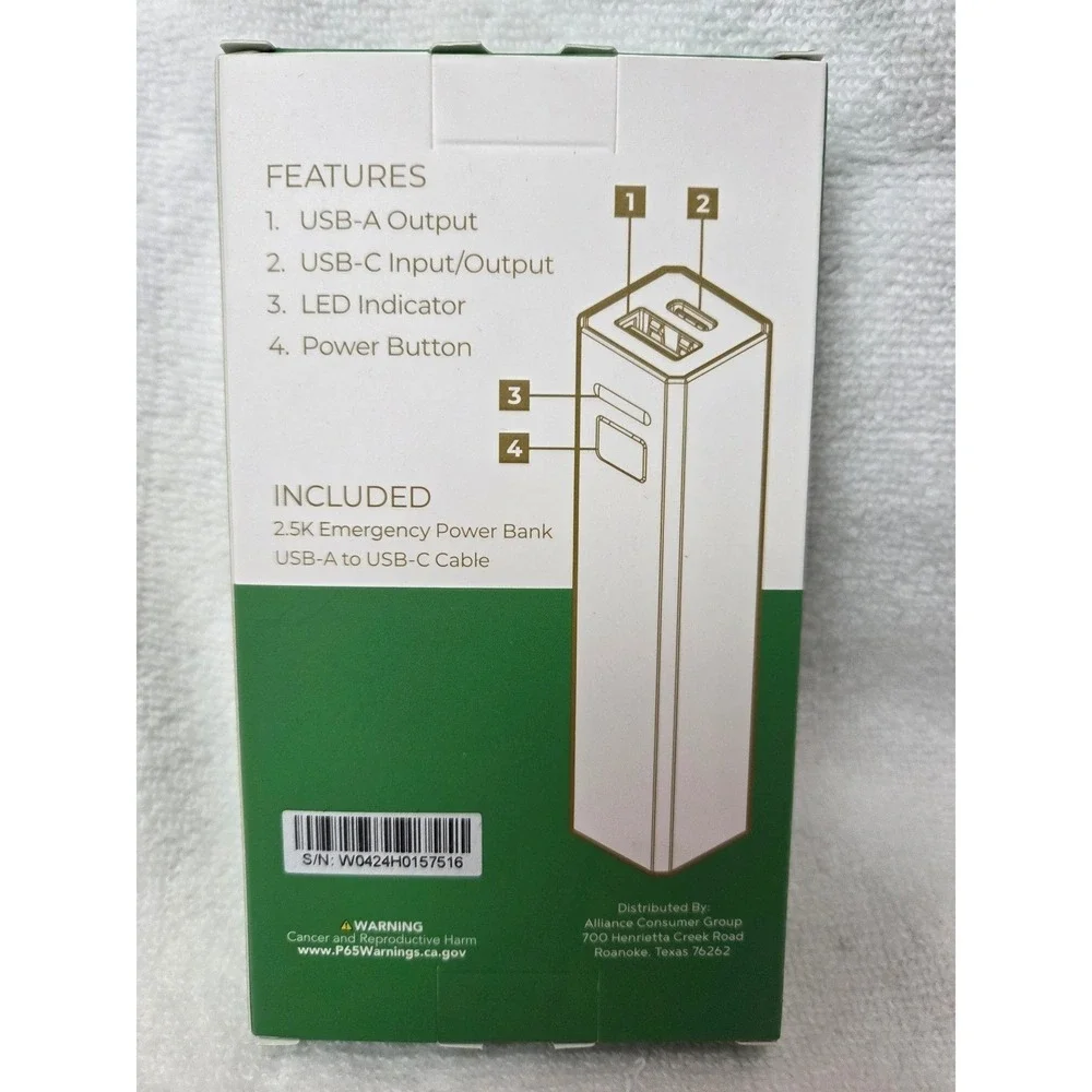 HALO 2.5k Emergency Power Bank Green USB-A, USB-C cable travel Brand New
